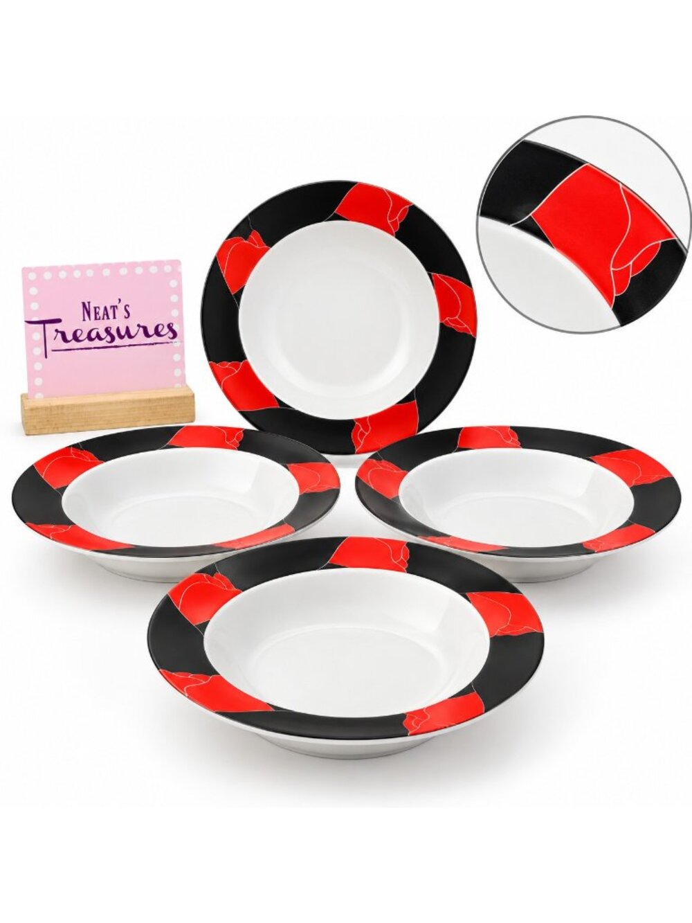 Studio Nova EVENING BOUQUET LBA08  Red Roses  Black Rim Pasta Soup Bowls  Set 4